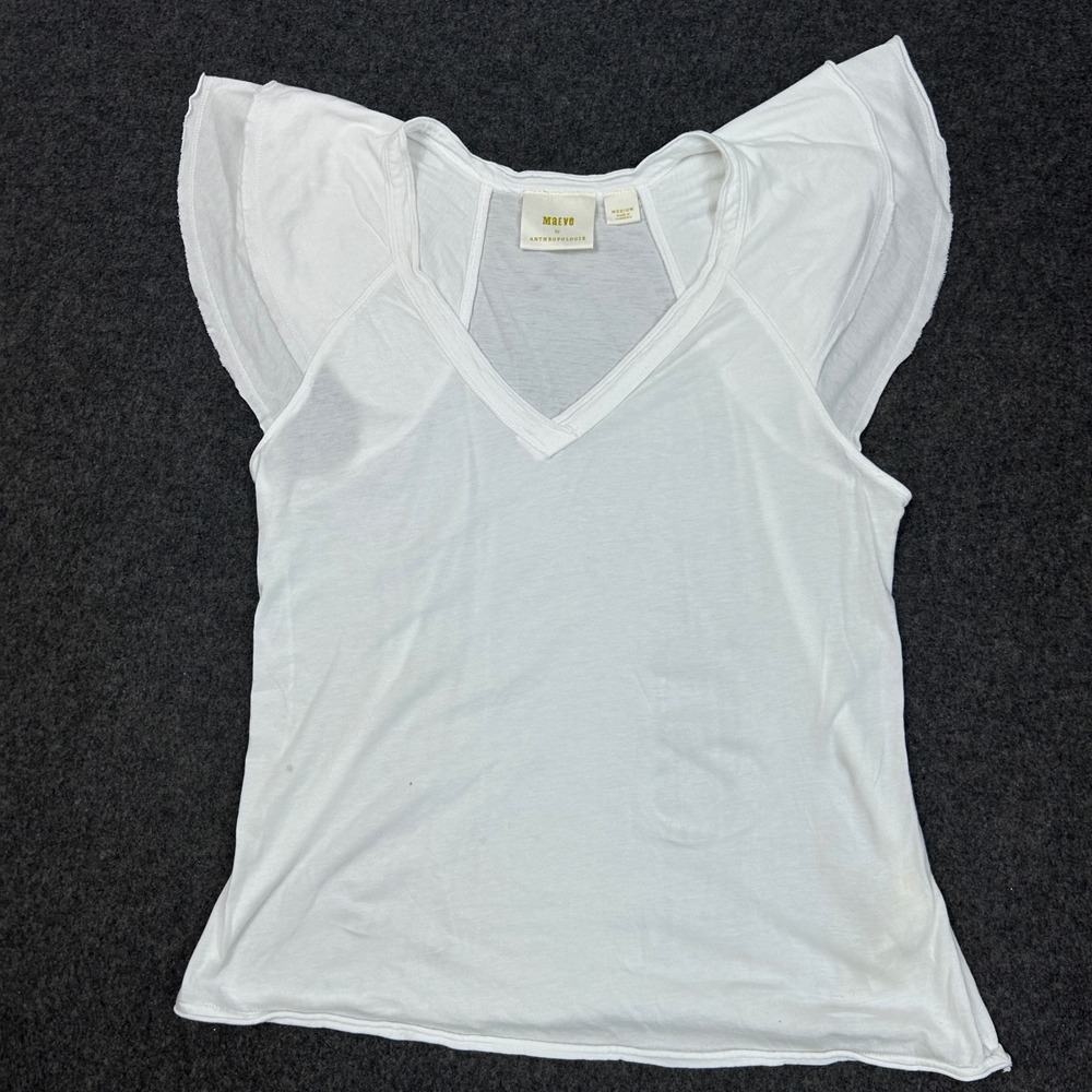 Maeve Anthropologie White V Neck Flutter Sleeve Top Womens Medium